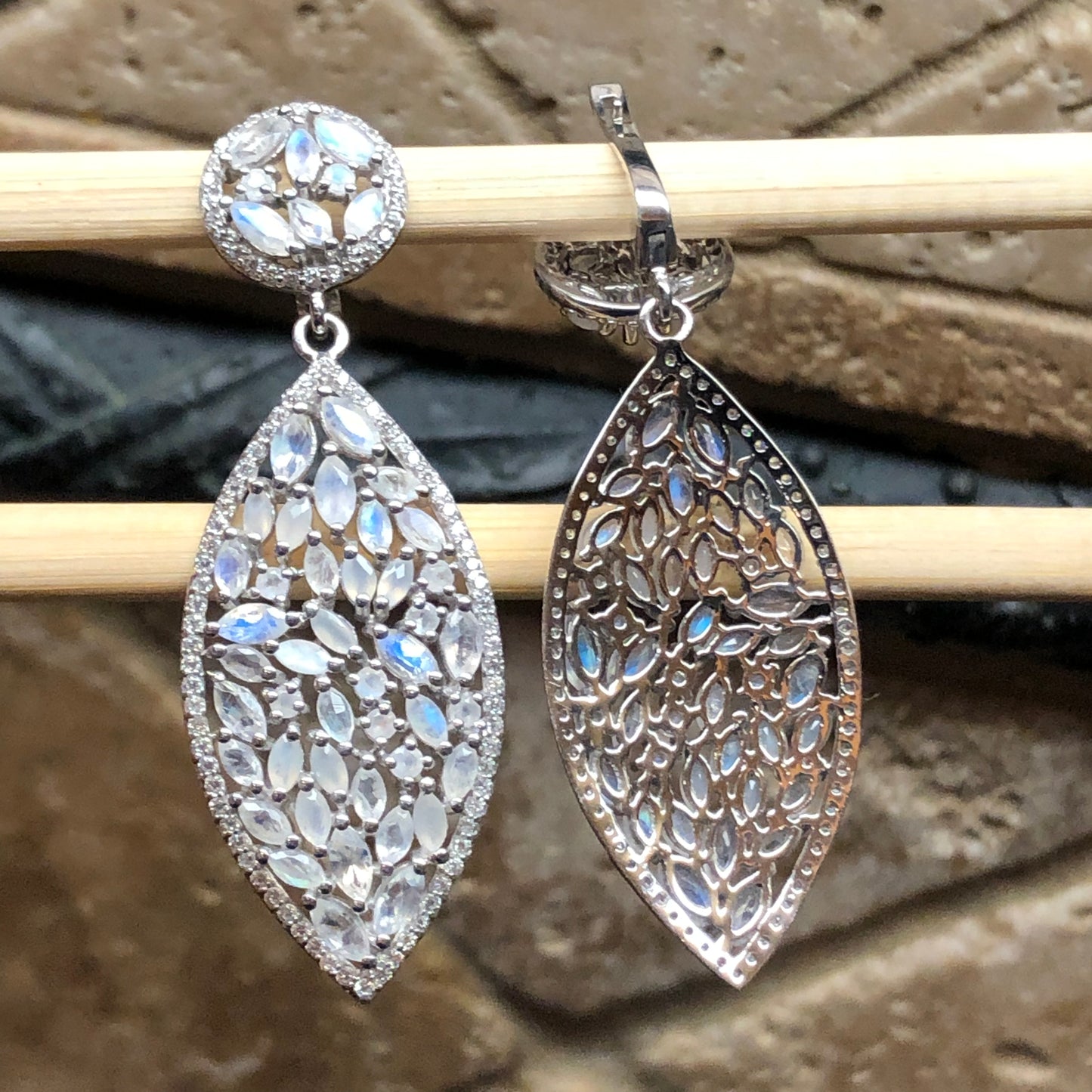 Natural Rainbow Moonstone 925 Solid Sterling Silver Earrings 55mm - Natural Rocks by Kala