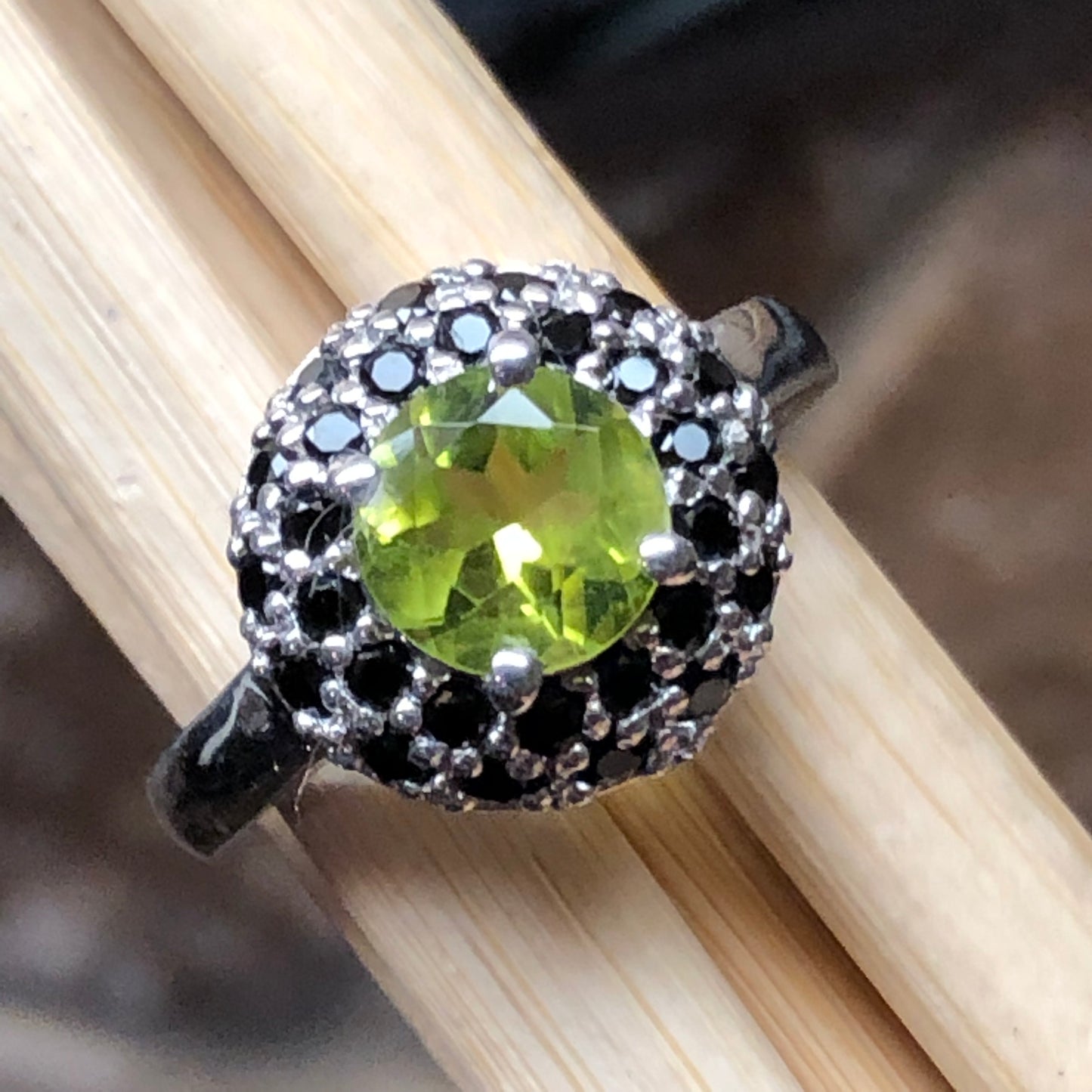 Natural 1ct Peridot, Black Spinel 925 Solid Sterling Silver Engagement Ring Size 6, 7, 8, 9 - Natural Rocks by Kala