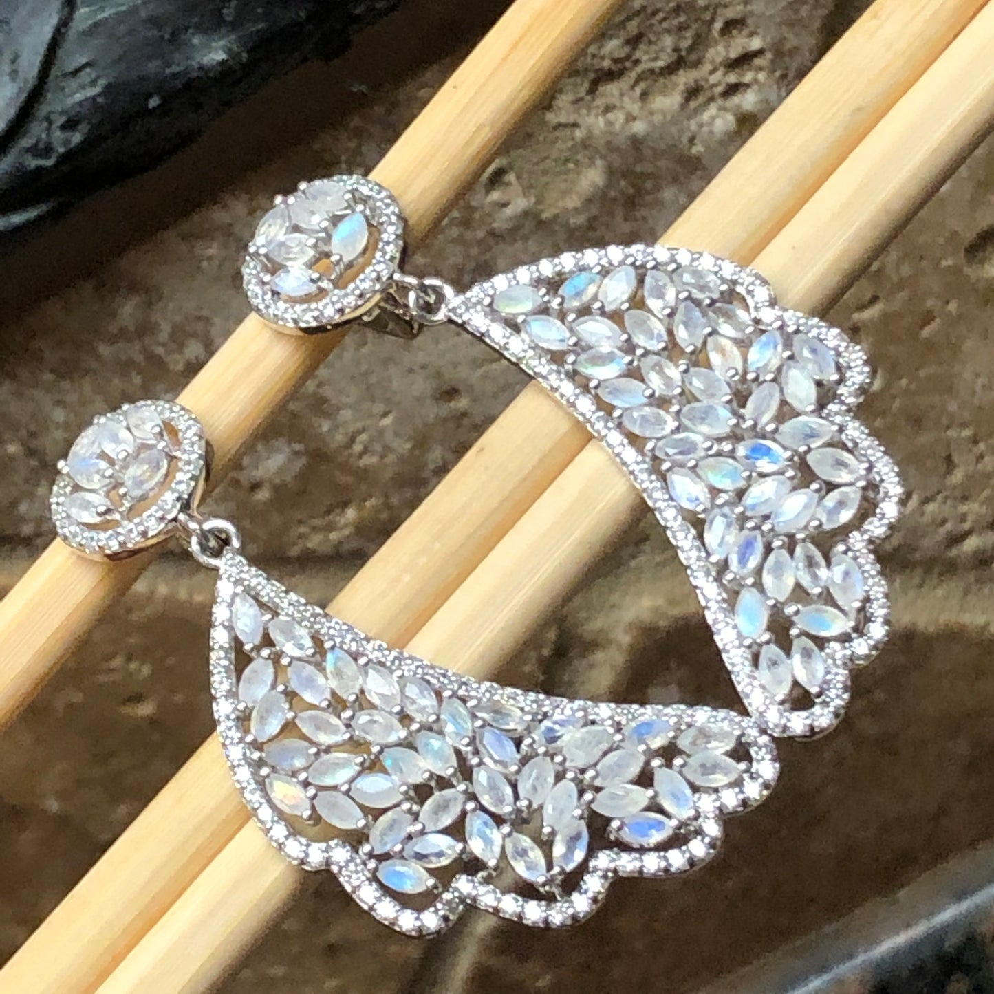 Natural Rainbow Moonstone 925 Solid Sterling Silver Earrings 55mm - Natural Rocks by Kala