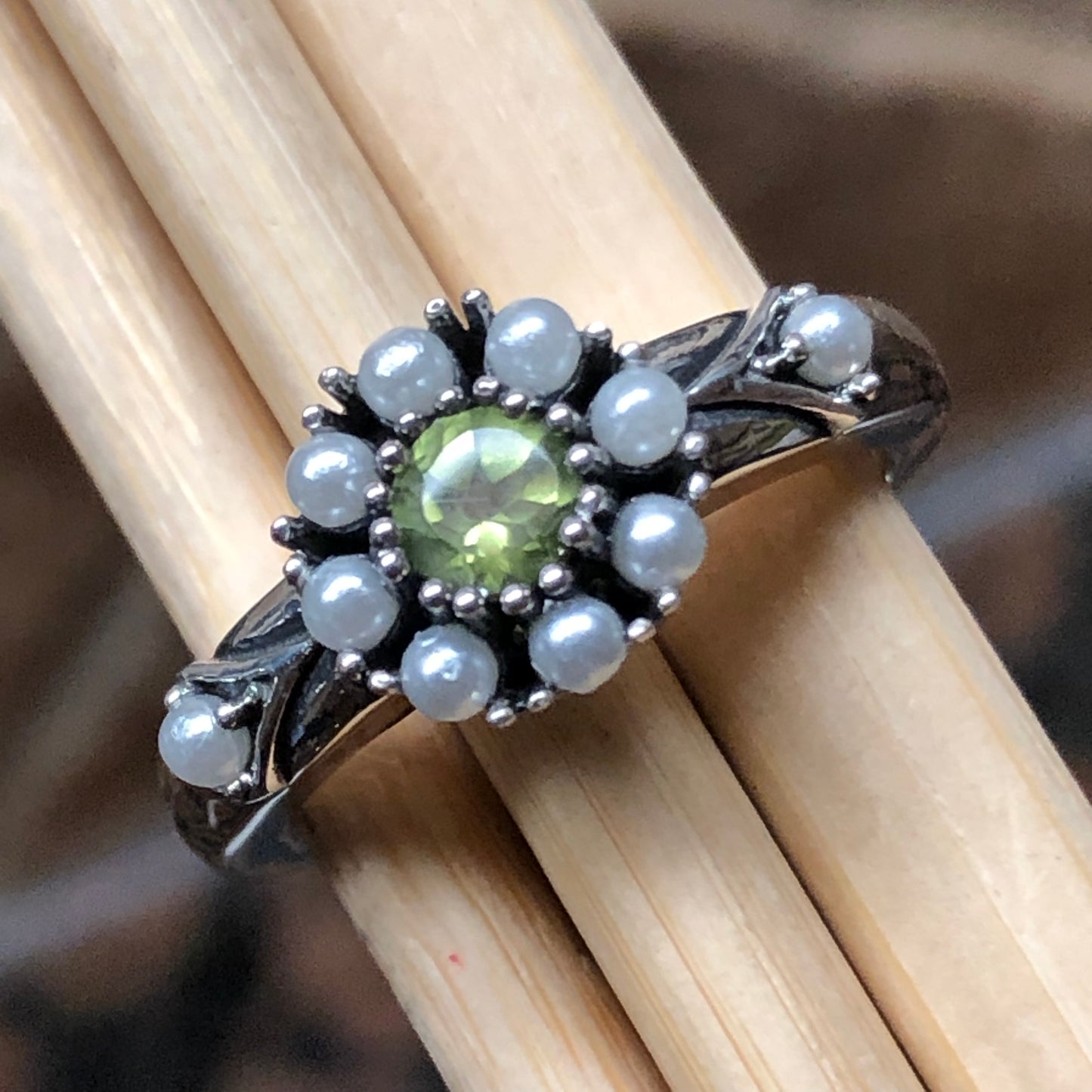 Natural Peridot, Freshwater Cultured Pearl 925 Sterling Silver Engagement Ring Size 5, 6, 7, 8, 9 - Natural Rocks by Kala