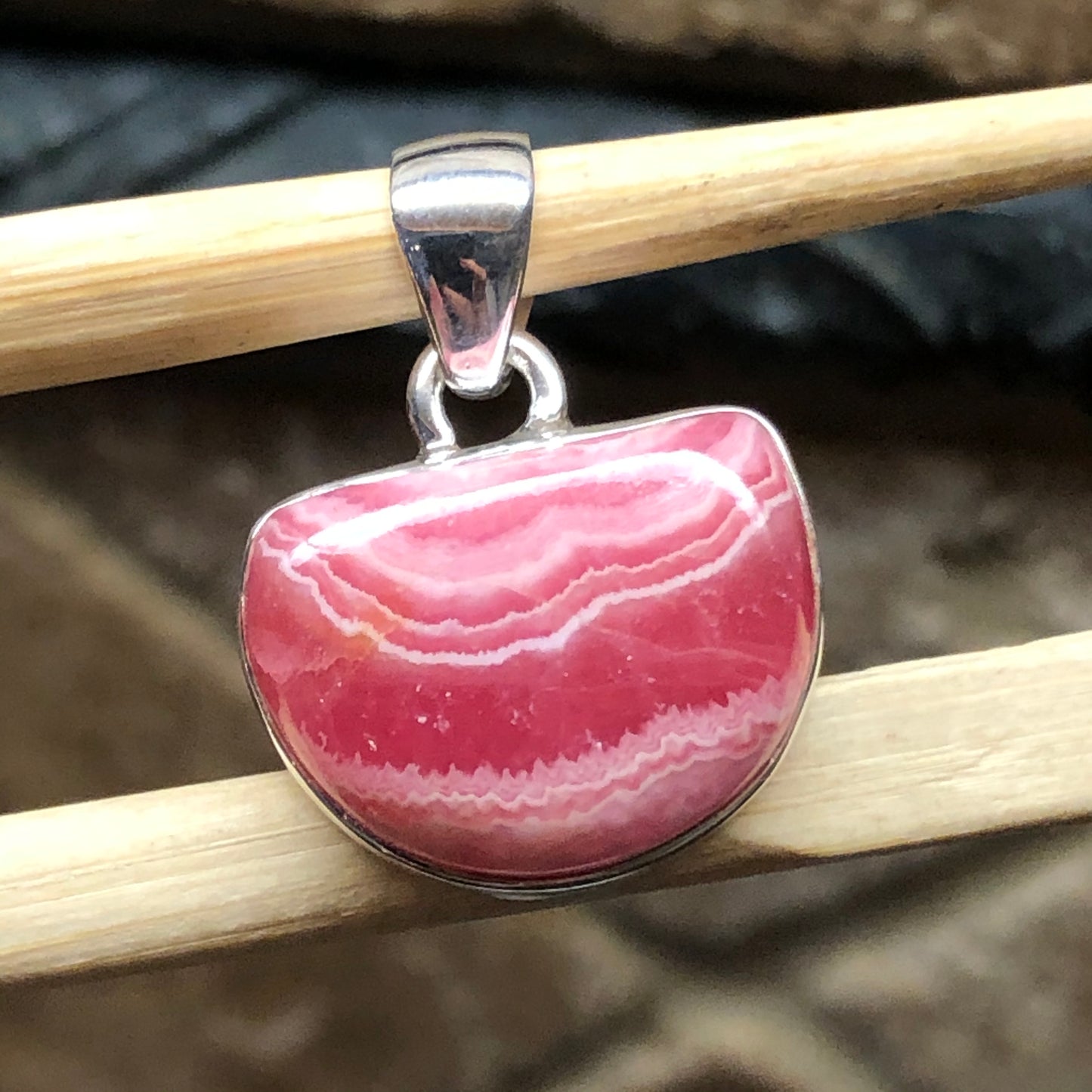 Natural Pink Rhodocrosite 925 Solid Sterling Silver Pendant 25mm - Natural Rocks by Kala