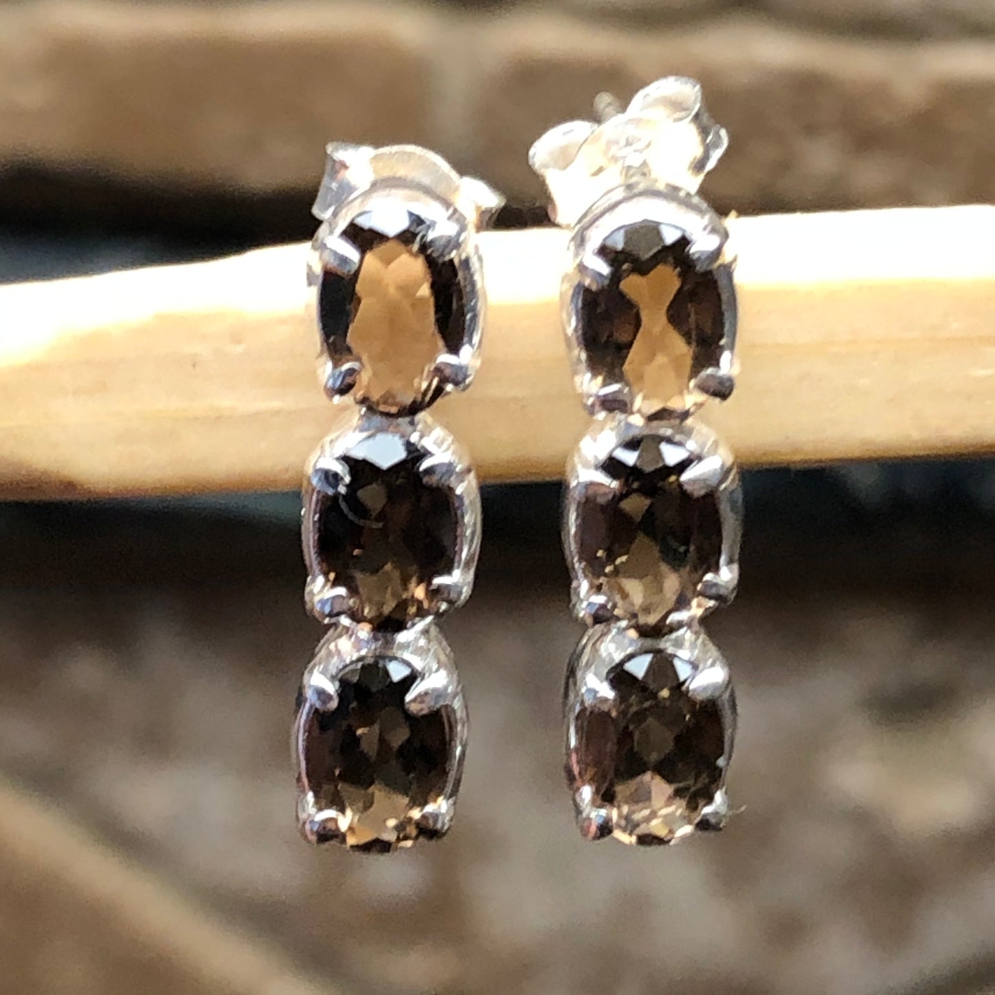 Genuine 2.25ct Smoky Topaz 925 Solid Sterling Silver Earrings 15mm - Natural Rocks by Kala