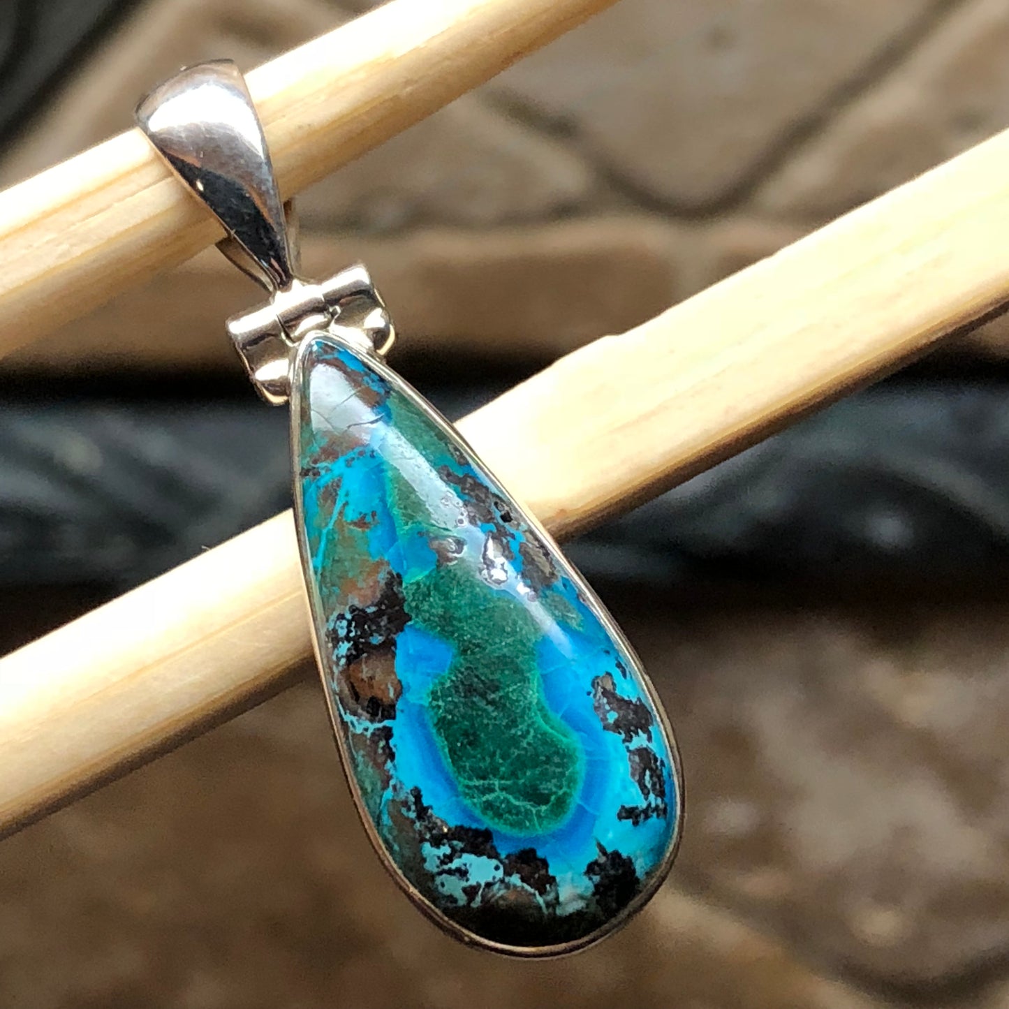 Natural Malachite in Azurite 925 Solid Sterling Silver Pendant 35mm - Natural Rocks by Kala