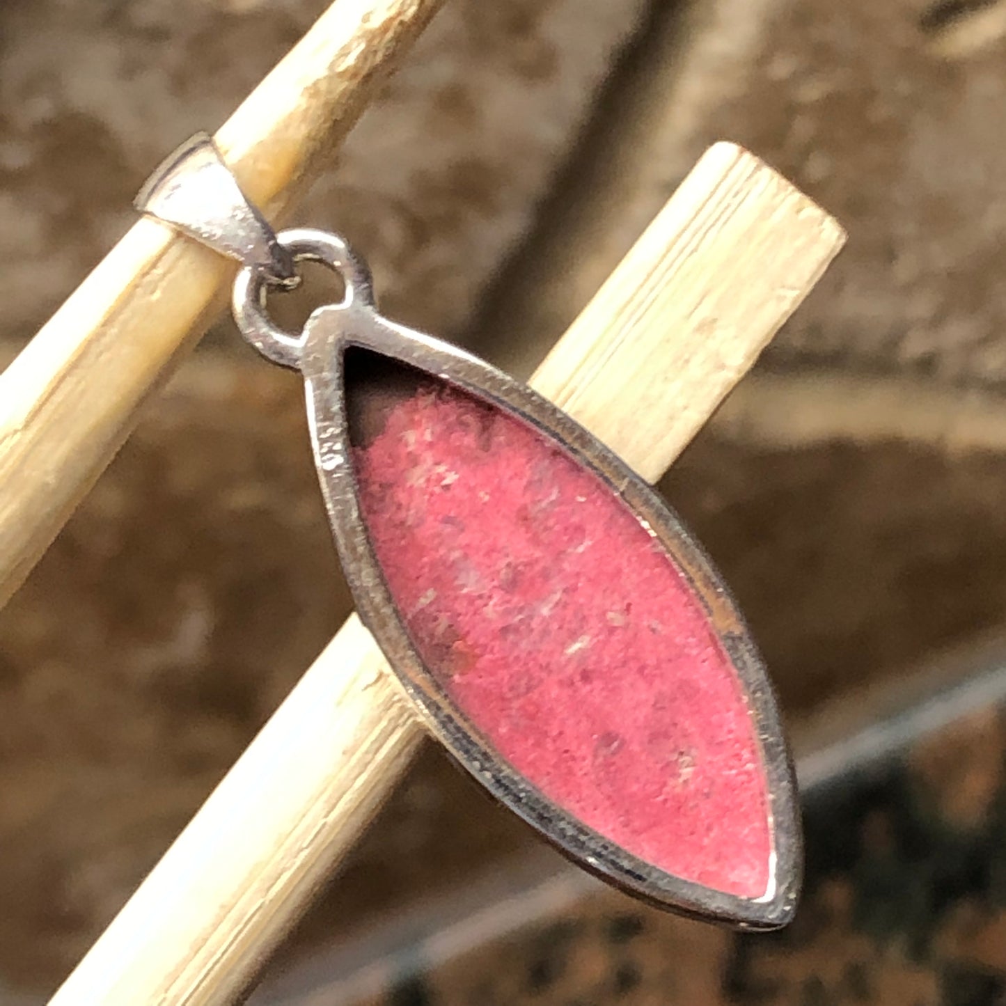 Genuine Pink Thulite 925 Solid Sterling Silver Marquise Pendant 40mm - Natural Rocks by Kala
