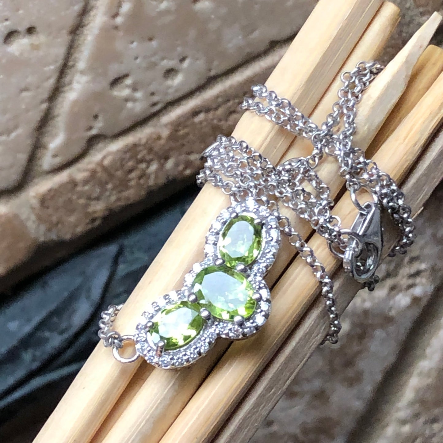 Natural 3.5ct Apple Green Peridot, White Sapphire 925 Solid Sterling Silver Pendant Necklace 18" - Natural Rocks by Kala
