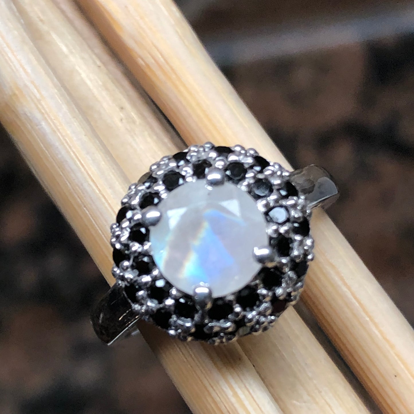 Natural Rainbow Moonstone, Spinel 925 Sterling Silver Engagement Ring Size 6, 7, 8, 9 - Natural Rocks by Kala