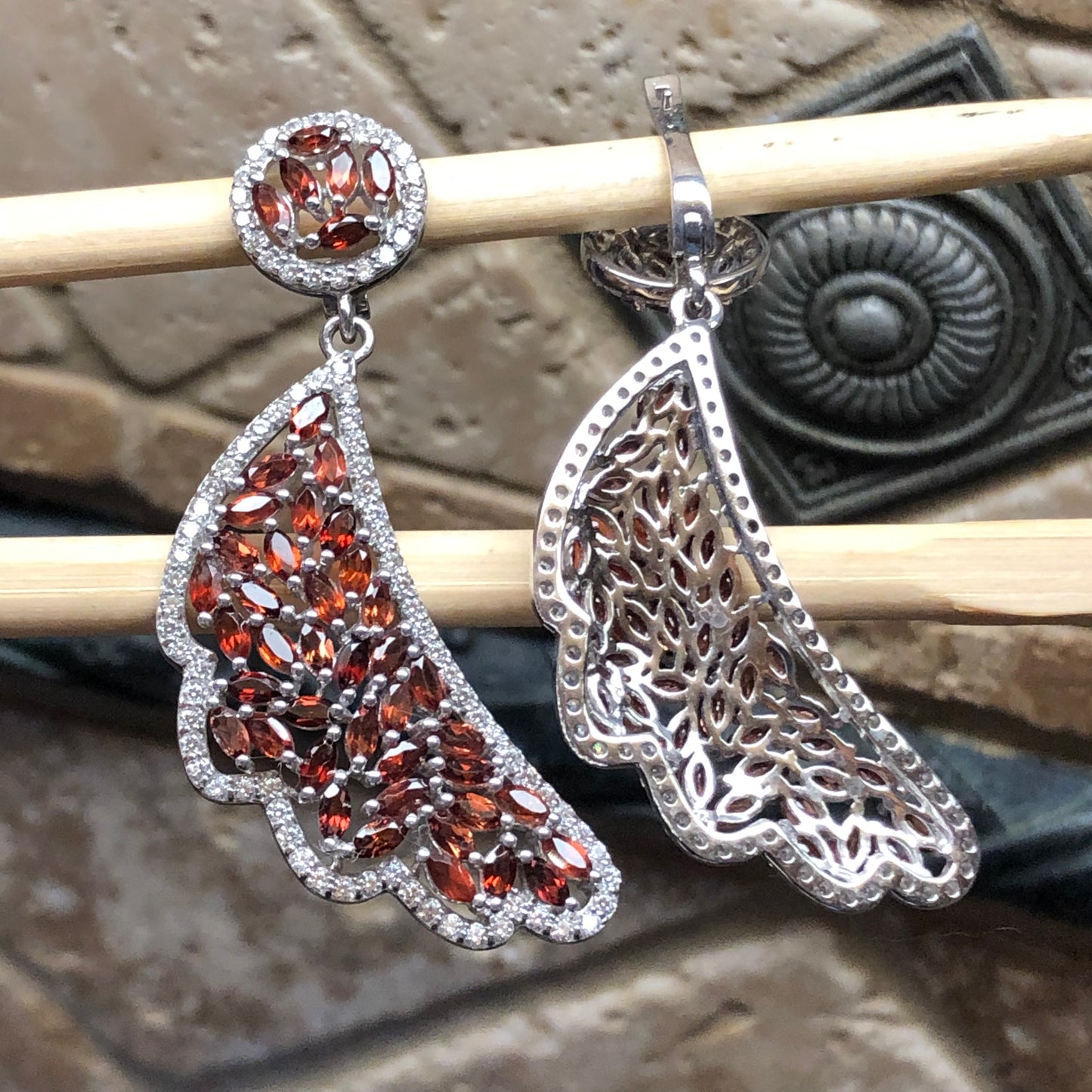 Natural 25ct Pyrope Garnet, White Sapphire 925 Solid Sterling Silver Earrings 55mm - Natural Rocks by Kala