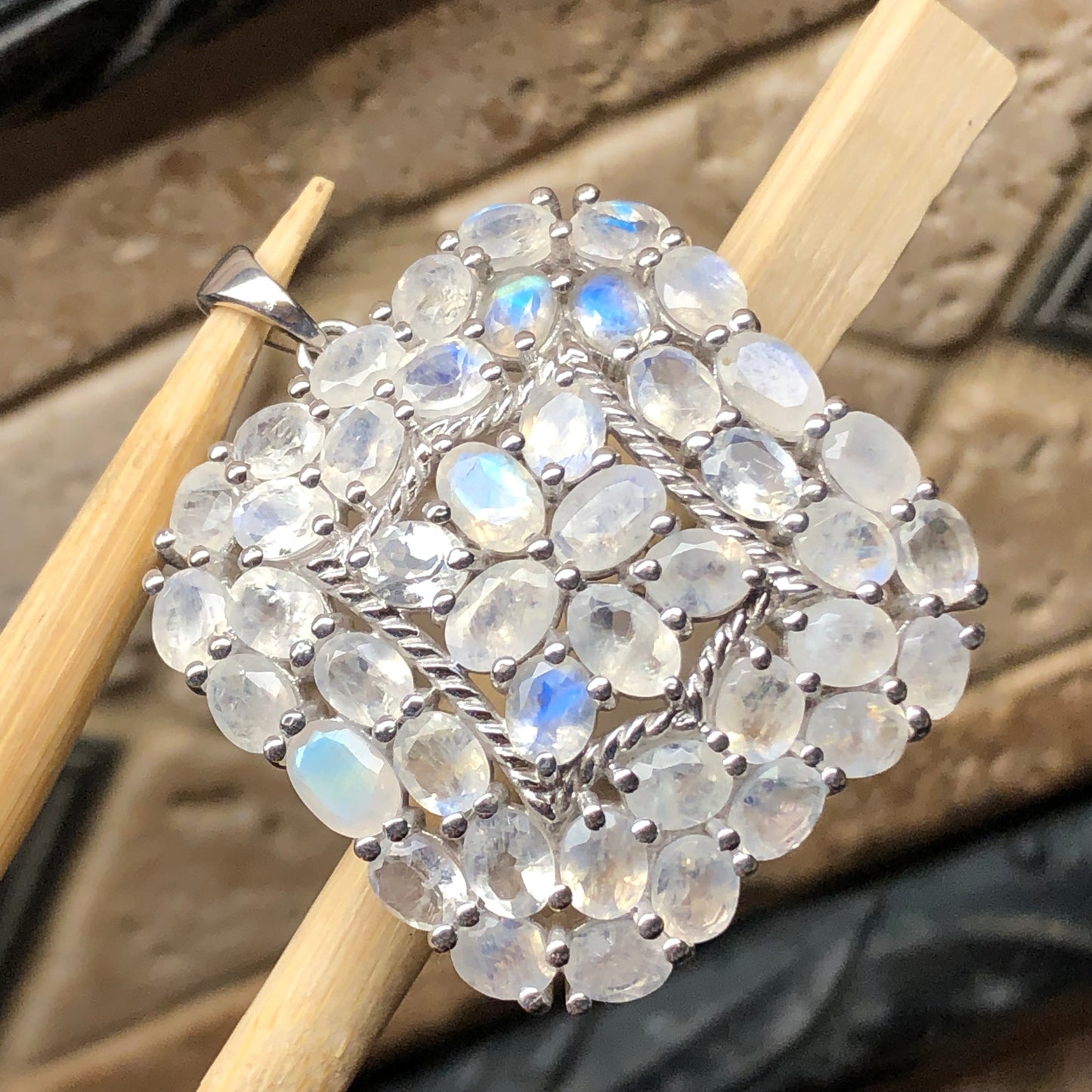 Natural Rainbow Moonstone 925 Solid Sterling Silver Pendant 40mm - Natural Rocks by Kala