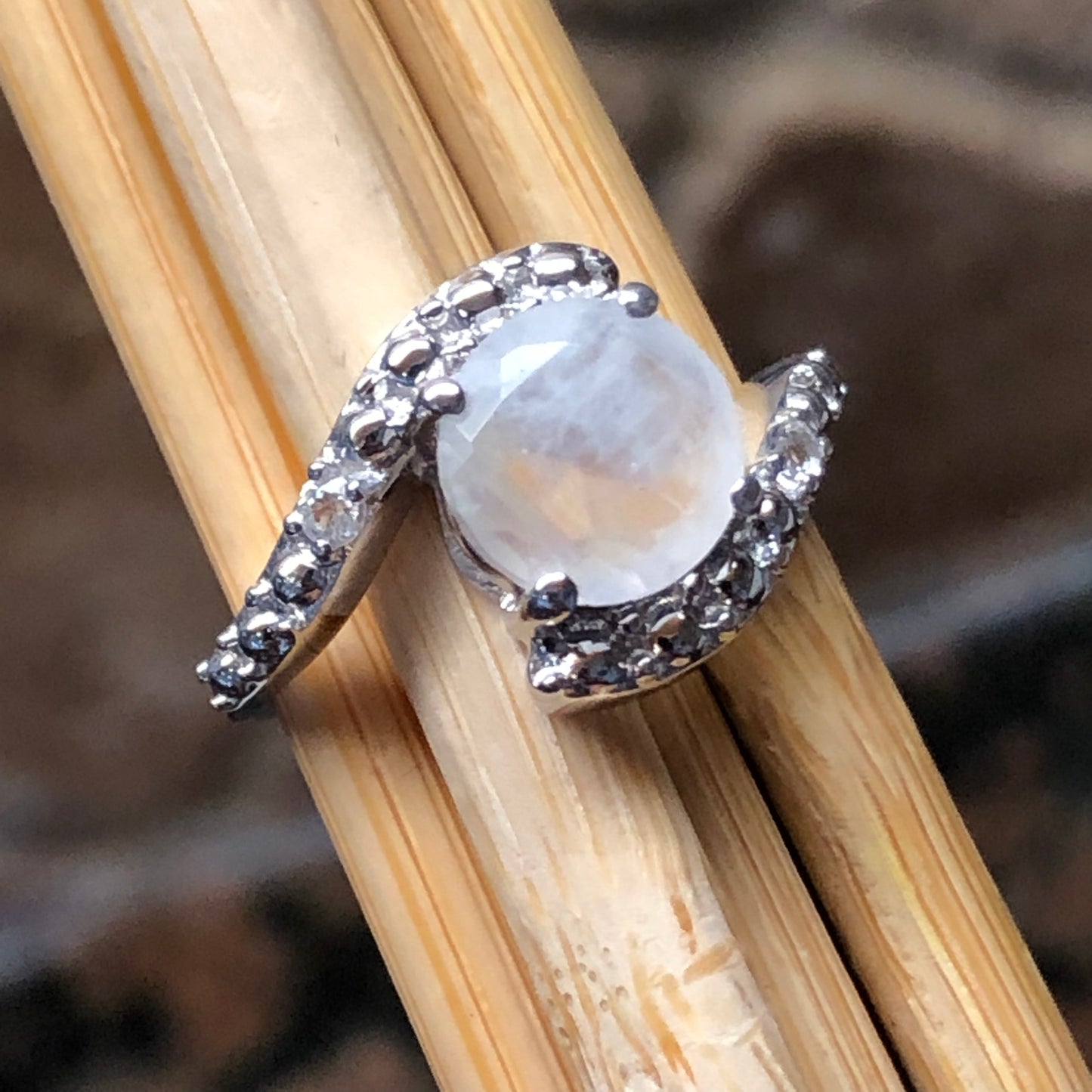 Natural Rainbow Moonstone, White Topaz 925 Sterling Silver Engagement Ring Size 6, 7, 8, 9 - Natural Rocks by Kala