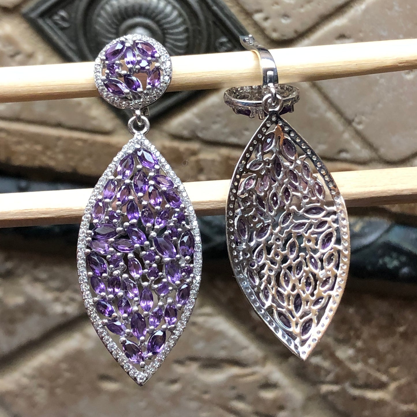 Natural 30ct Purple Amethyst 925 Solid Sterling Silver Earrings 65mm - Natural Rocks by Kala