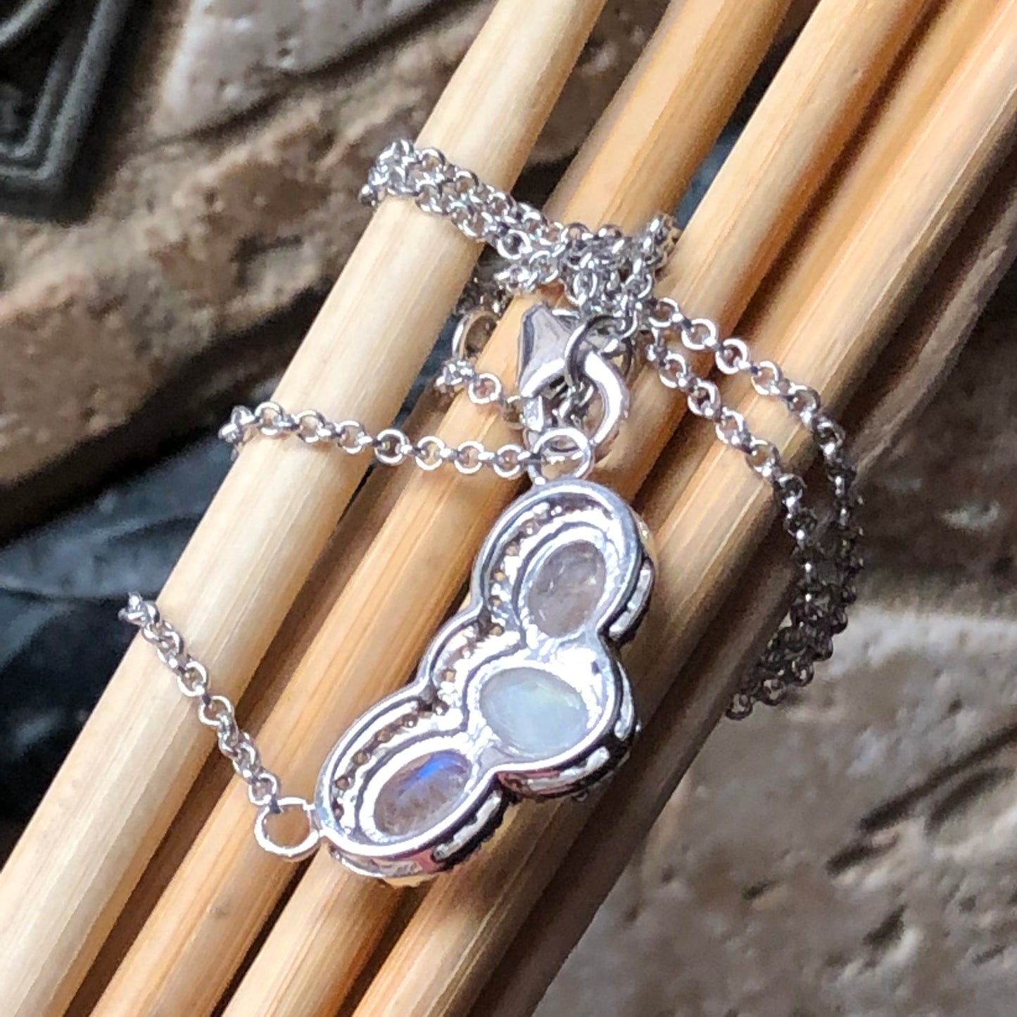 Genuine Rainbow Moonstone, White Sapphire 925 Solid Sterling Silver Pendant Necklace 18" - Natural Rocks by Kala