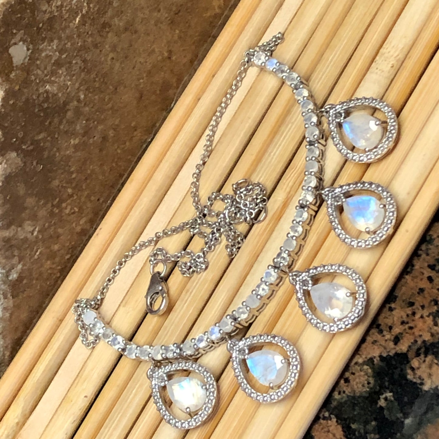 Genuine Rainbow Moonstone 925 Solid Sterling Silver Necklace 18" - Natural Rocks by Kala