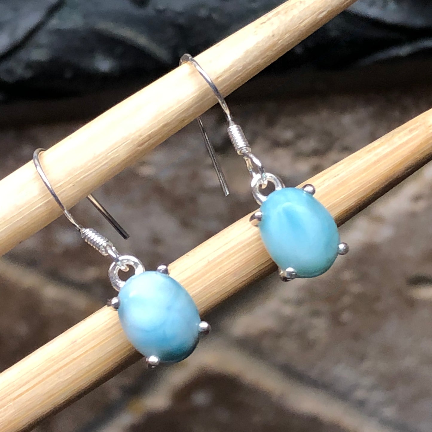 Natural Dominican Larimar 925 Solid Sterling Silver Earrings 25mm - Natural Rocks by Kala