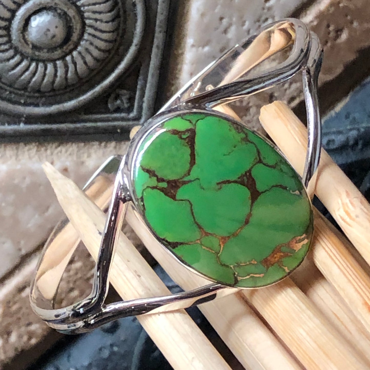 Gorgeous Green Mohave Turquoise 925 Sterling Silver Bezel Setting Cuff Bracelet - Natural Rocks by Kala