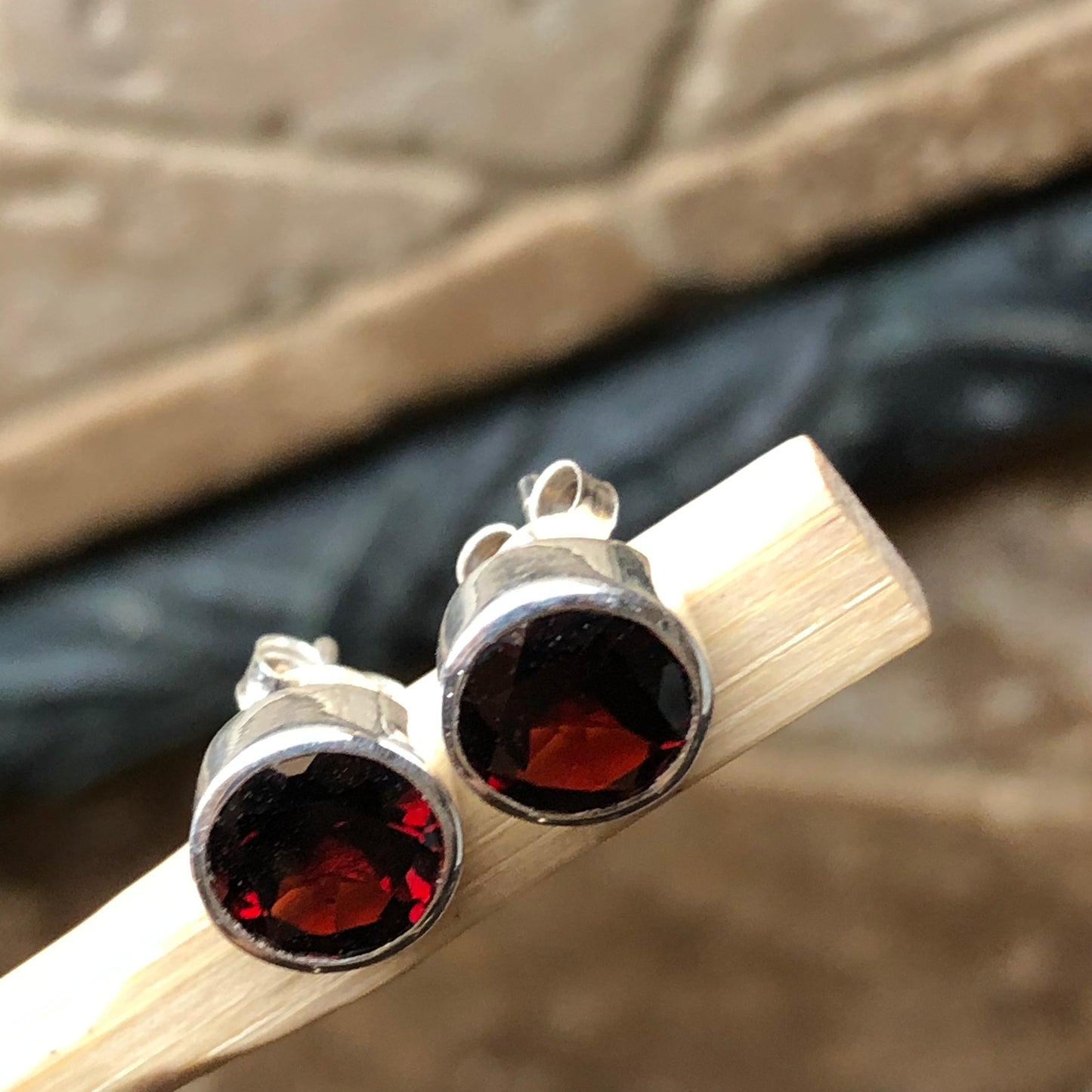 Natural 2ct Pyrope Garnet 925 Solid Sterling Silver Earrings 8mm - Natural Rocks by Kala