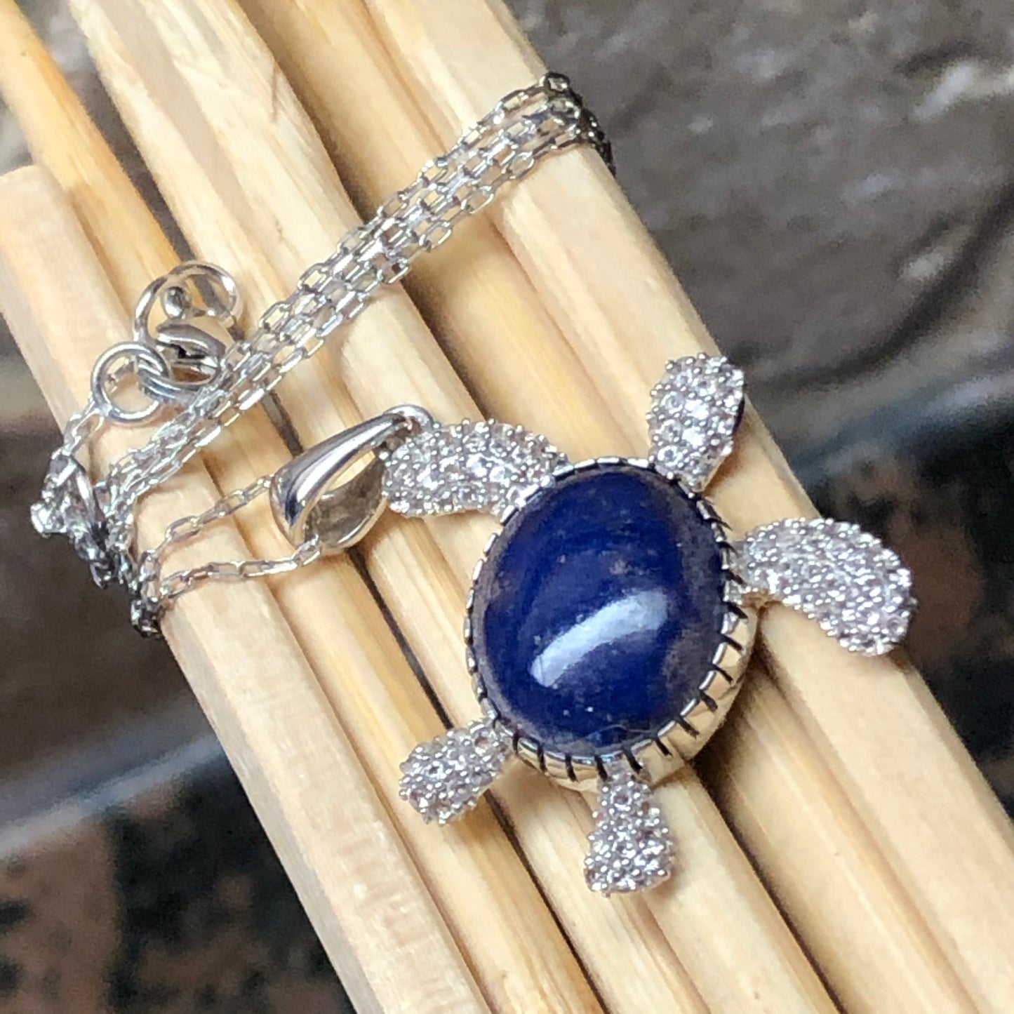Natural Blue Lapis Lazuli 925 Solid Sterling Silver Turtle Necklace 17" - Natural Rocks by Kala