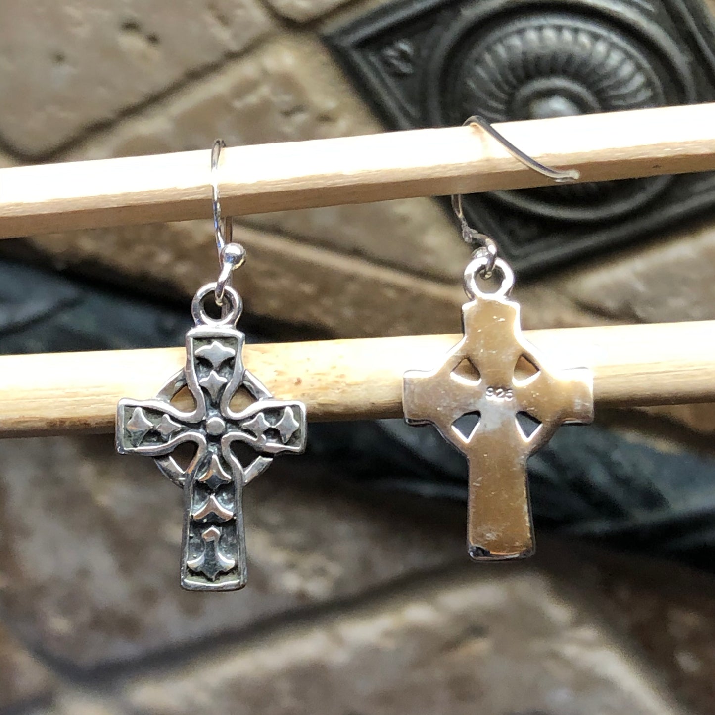 Art Deco 925 Solid Sterling Silver Cross Earrings 25mm - Natural Rocks by Kala