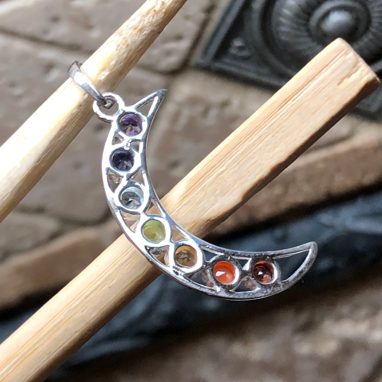 Natural Garnet, Carnelian, Citrine, Peridot 925 Solid Sterling Silver Chakra Crescent Pendant 30mm - Natural Rocks by Kala