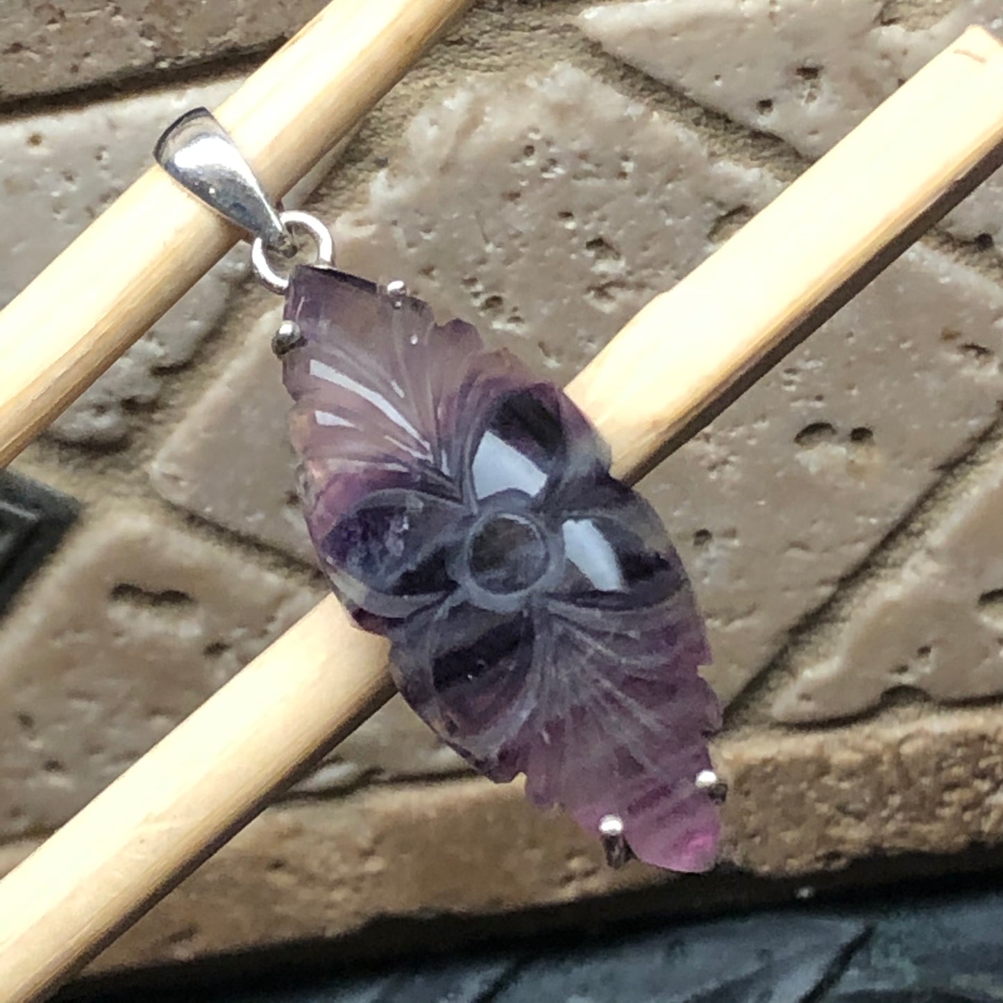 Natural Multi Fluorite 925 Solid Sterling Silver Handcarved Pendant 28mm - Natural Rocks by Kala