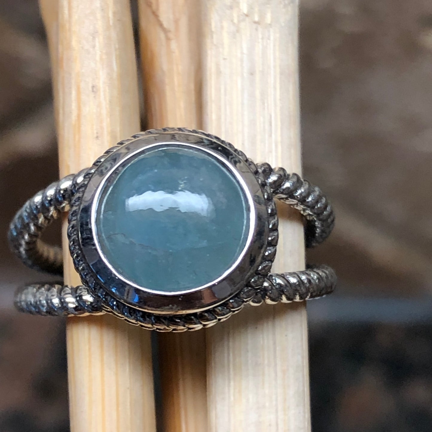 Natural Cabochon Aquamarine 925 Solid Sterling Silver Ring Size 7, 8 - Natural Rocks by Kala