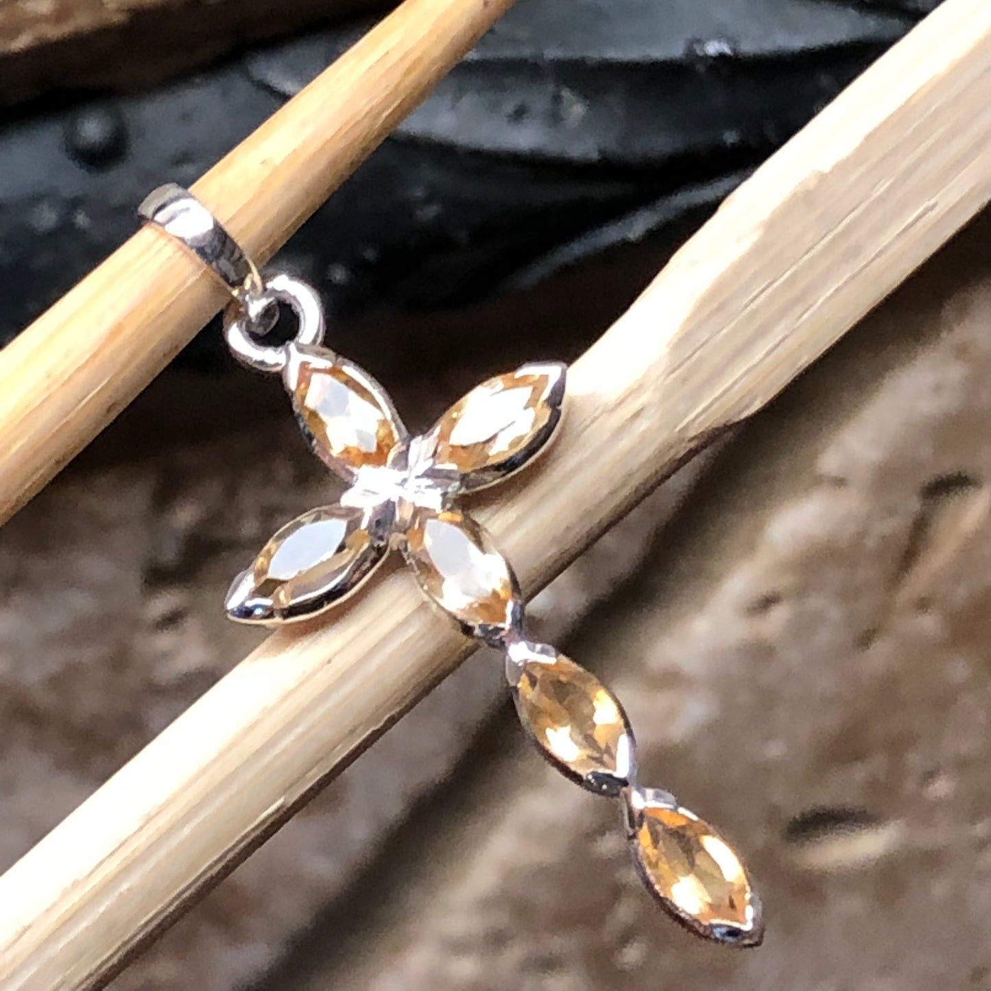 Genuine Golden Citrine 925 Solid Sterling Silver Cross Pendant 35mm - Natural Rocks by Kala