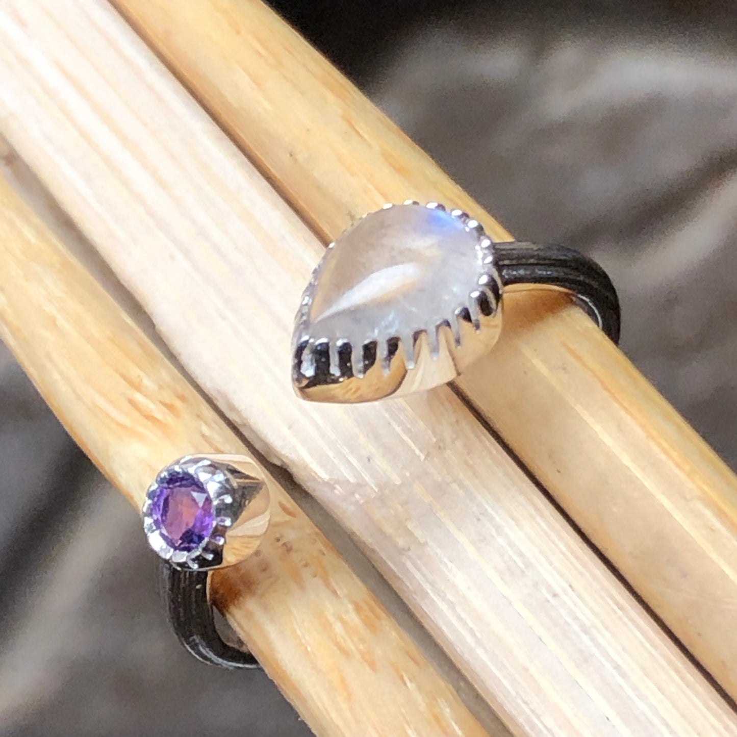 Genuine Rainbow Moonstone, Amethyst 925 Solid Sterling Silver Open Band Ring Size 5, 6, 7, 8, 9 - Natural Rocks by Kala
