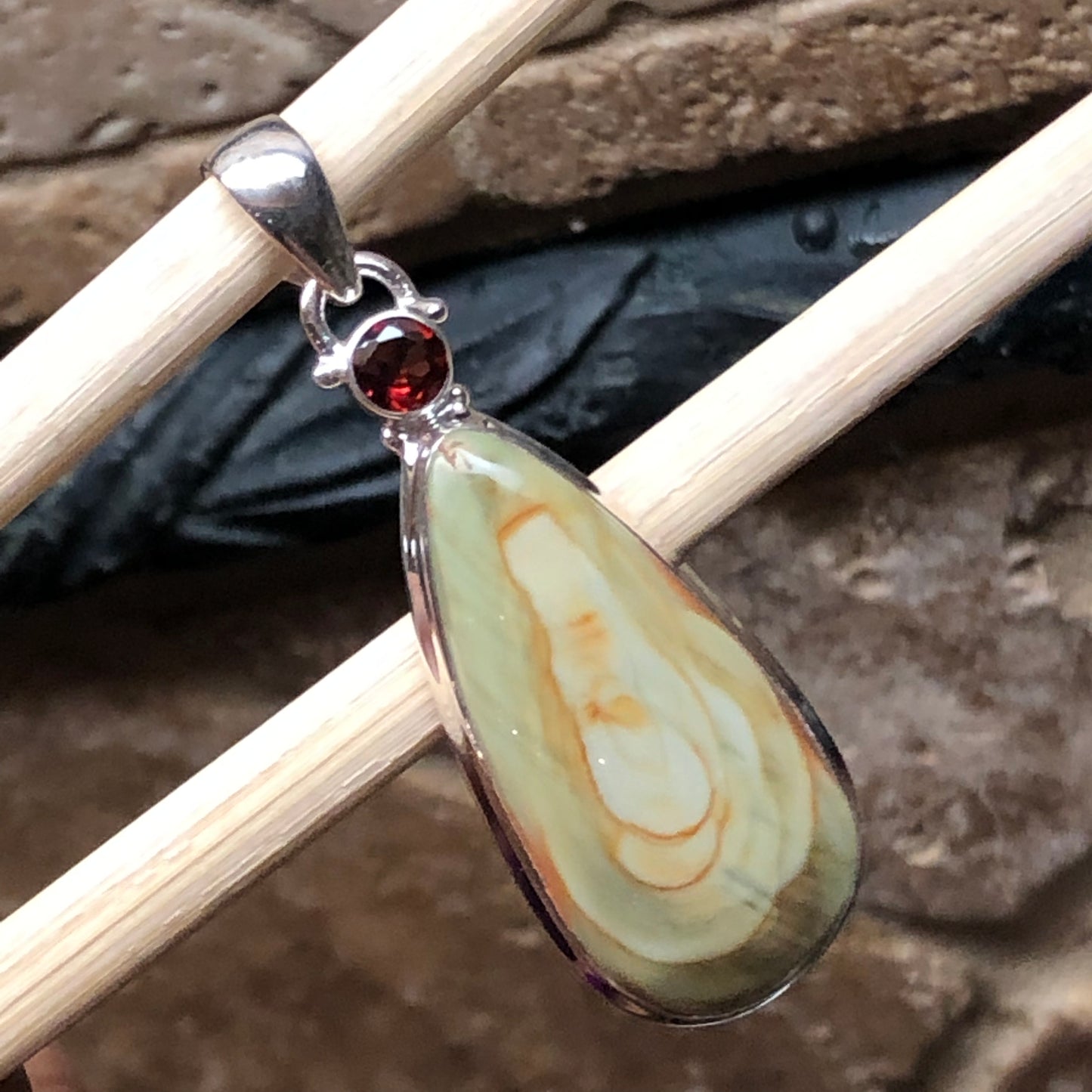 Natural Royal Imperial Jasper, Garnet 925 Solid Sterling Silver Jade Green Color Pendant 50mm - Natural Rocks by Kala