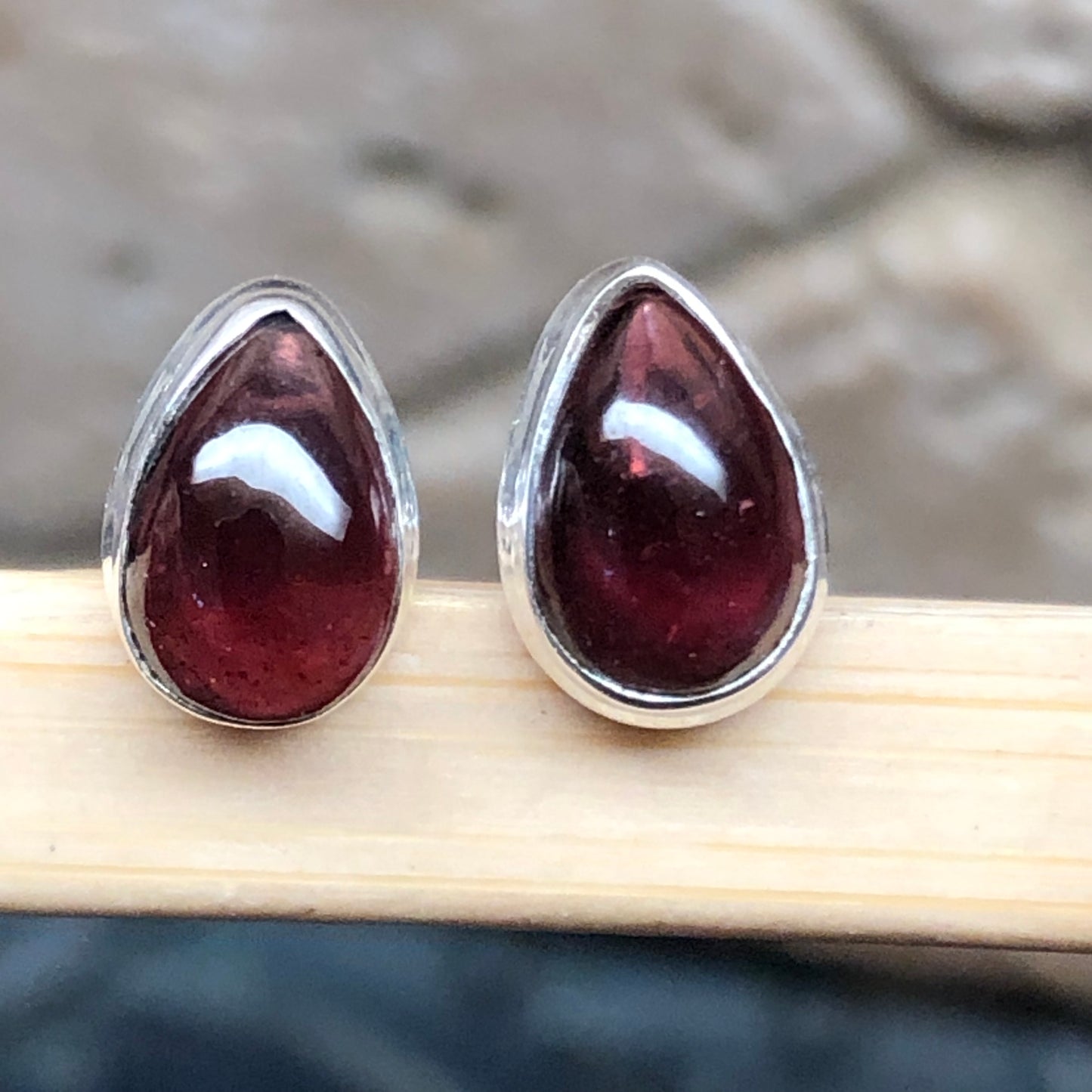 Natural Cabochan Garnet 925 Solid Sterling Silver Earrings 8mm - Natural Rocks by Kala