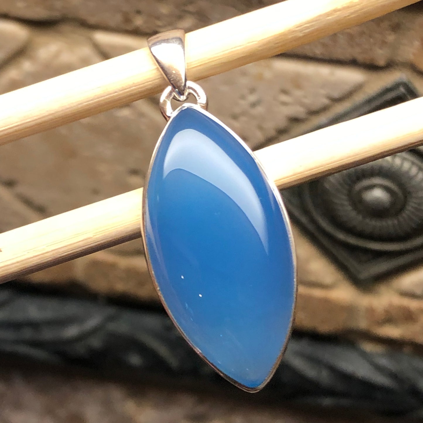 Natural Blue Chalcedony 925 Solid Sterling Silver Pendant 40mm - Natural Rocks by Kala
