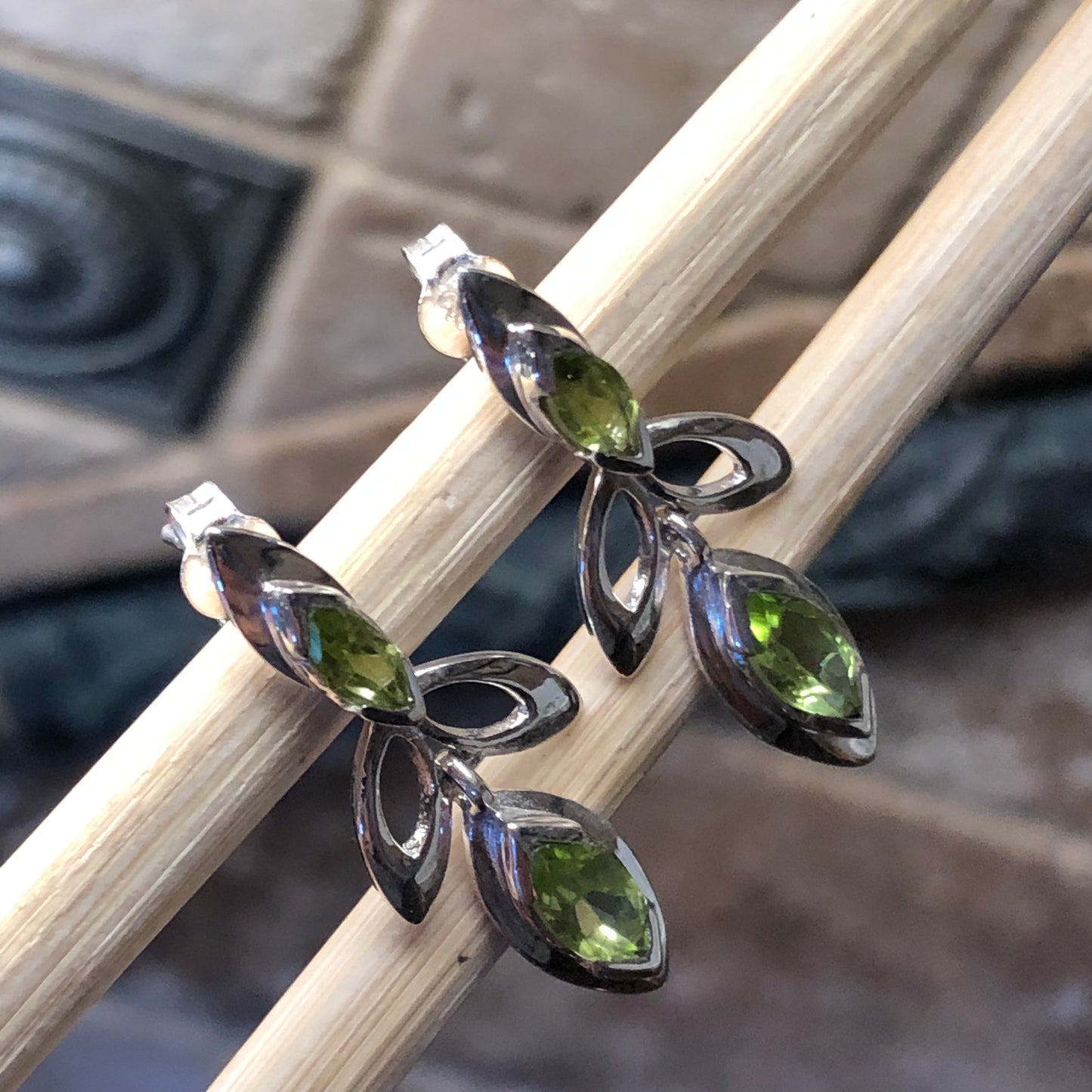 Genuine Green Peridot 925 Solid Sterling Silver Earrings 30mm - Natural Rocks by Kala