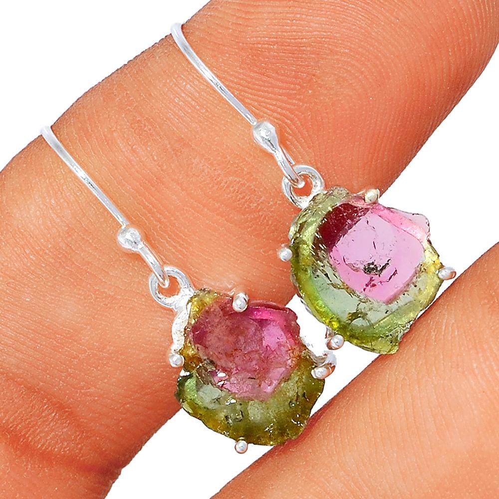 Natural Watermelon Tourmaline 925 Solid Sterling Silver Earrings 30mm - Natural Rocks by Kala