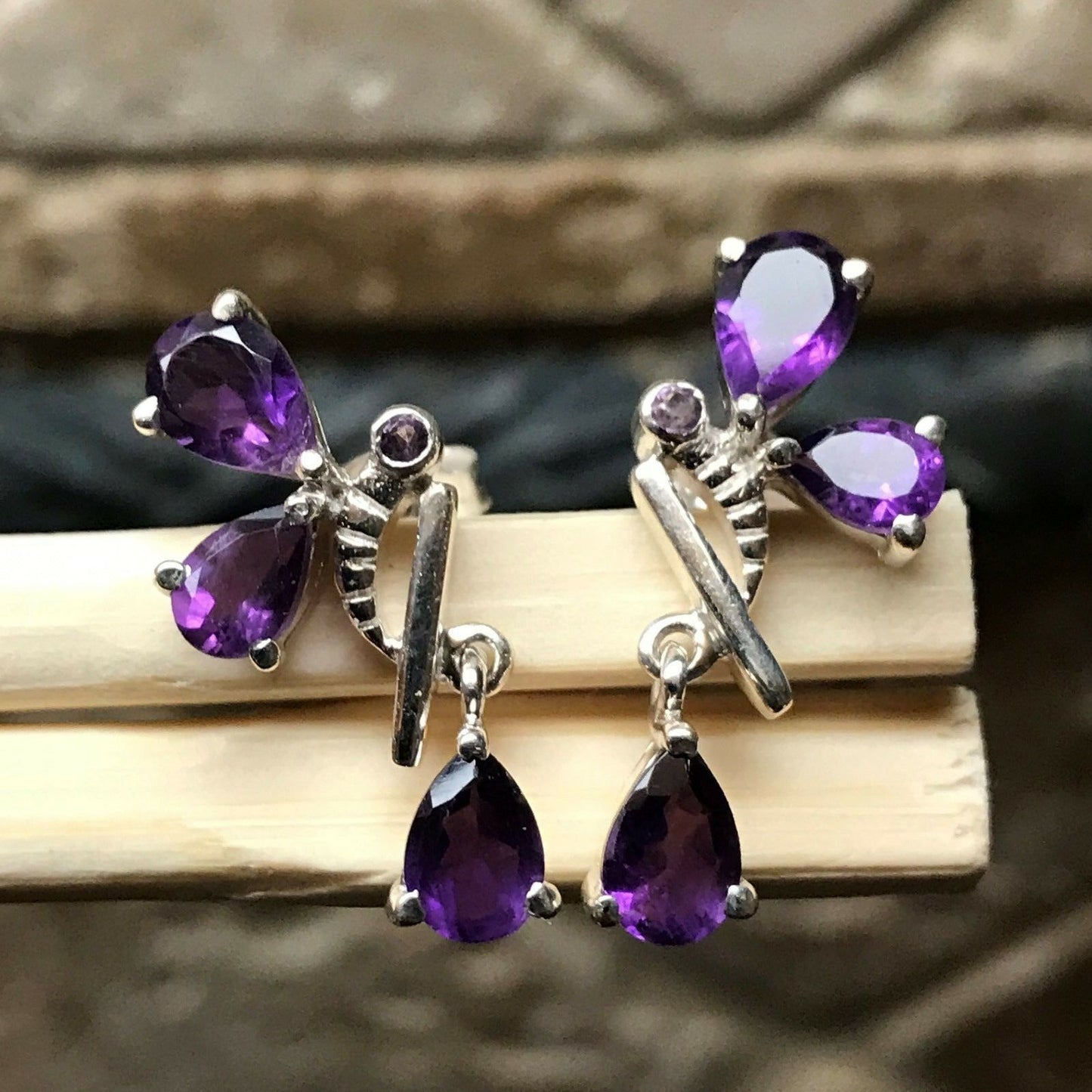 Genuine 4ct Purple Amethyst 925 Solid Sterling Silver Bee Earrings 25mm - Natural Rocks by Kala