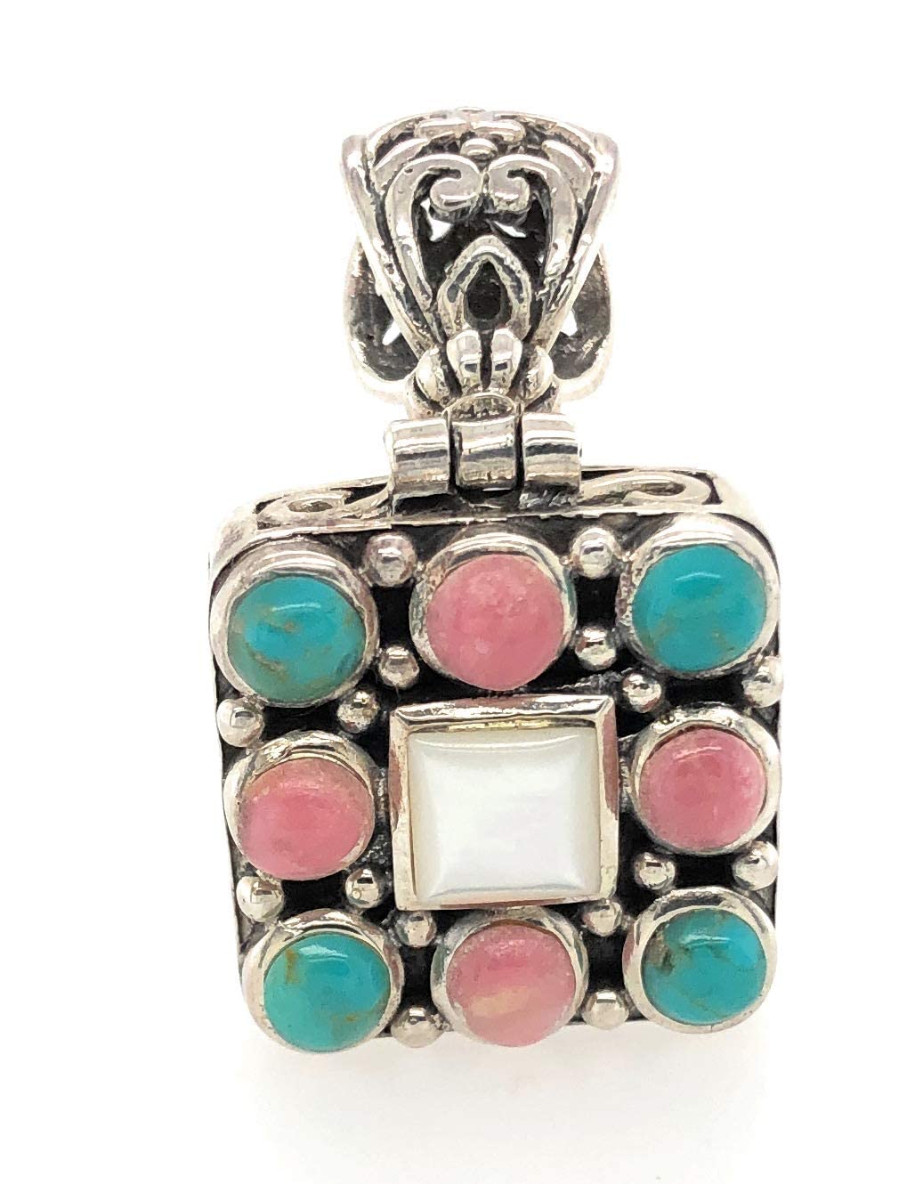 Natural Pink Rhodocrosite, Mexican Turquoise, Mother of Pearl 925 Sterling Silver Pendant 34mm