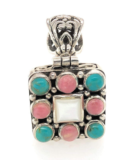 Natural Pink Rhodocrosite, Mexican Turquoise, Mother of Pearl 925 Sterling Silver Pendant 34mm