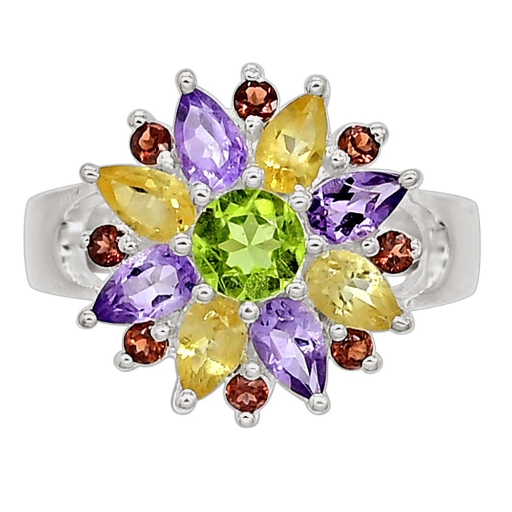 Natural 2ct Amethyst, Peridot, Garnet, Citrine 925 Solid Sterling Silver Wedding Ring Size 6.75 - Natural Rocks by Kala