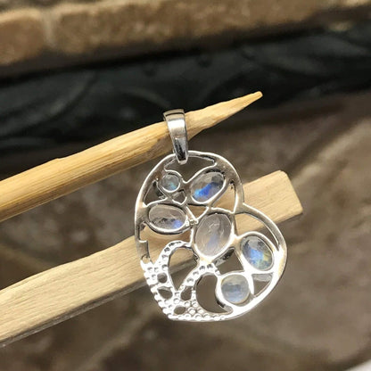 Natural Rainbow Moonstone 925 Solid Sterling Silver Heart Pendant 25mm