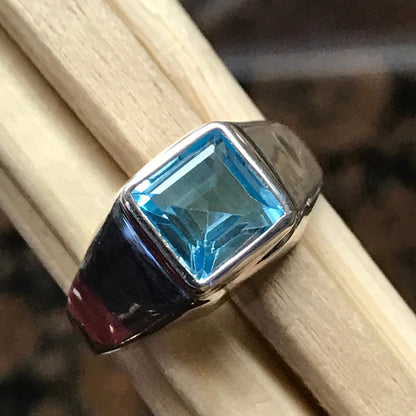 Natural 1ct Blue Topaz 925 Solid Sterling Silver Men's Ring Size 7.75