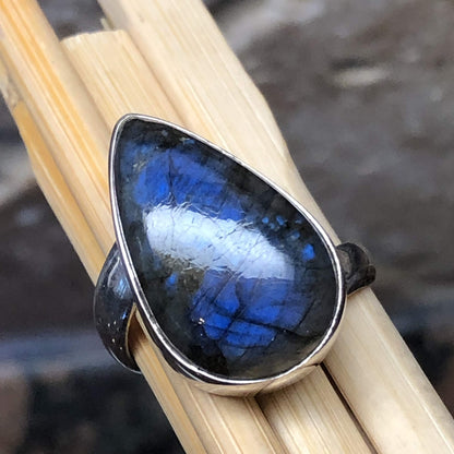 Natural Blue Labradorite 925 Solid Sterling Silver Ring Size 9