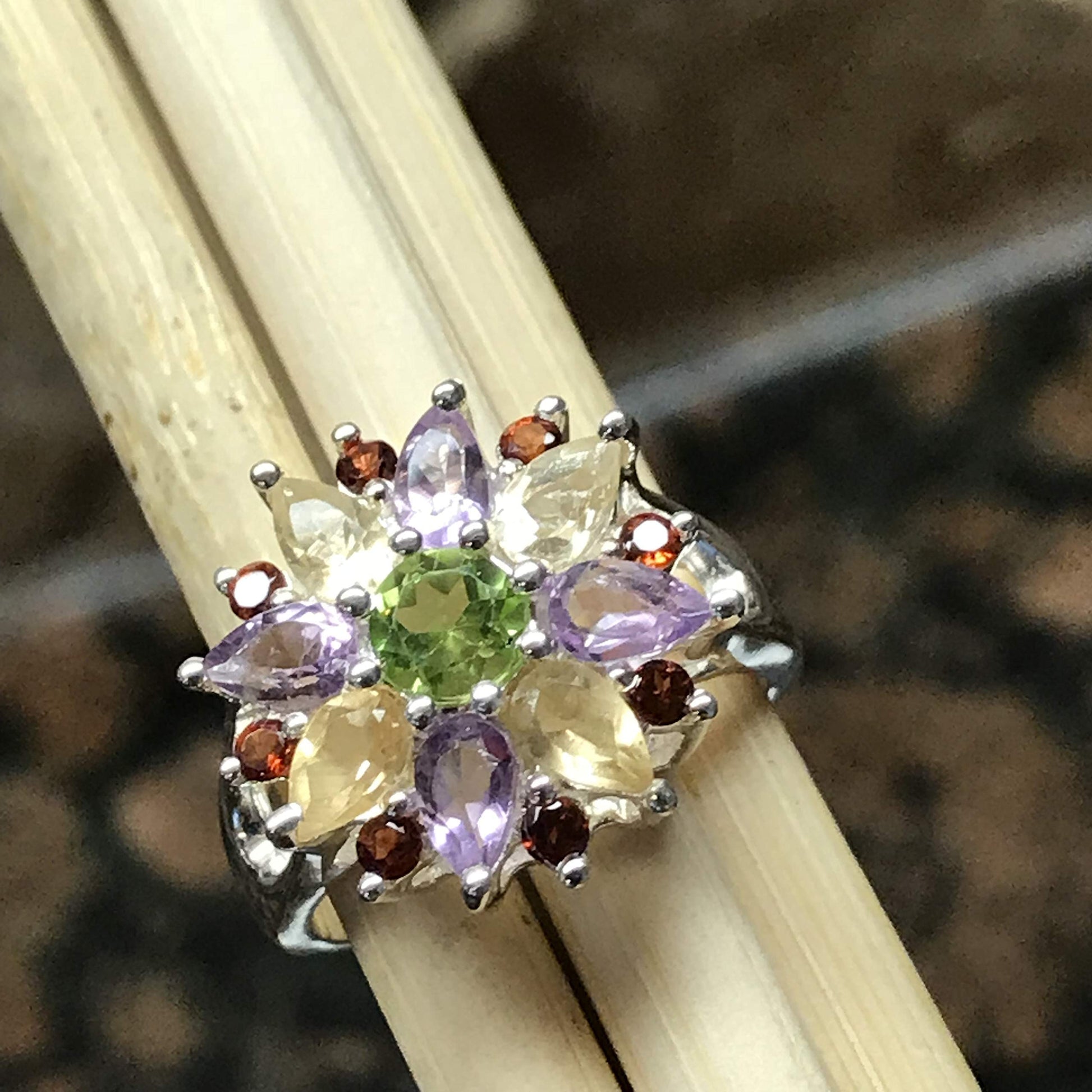 Natural 2ct Amethyst, Peridot, Garnet, Citrine 925 Solid Sterling Silver Wedding Ring Size 6.75 - Natural Rocks by Kala