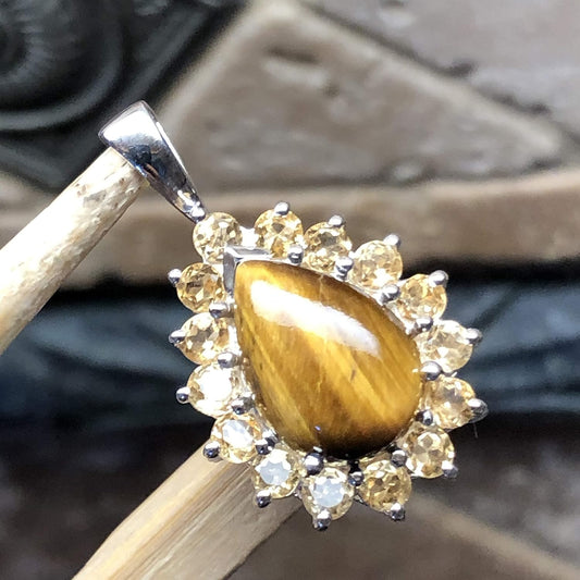 Genuine Golden Citrine, Tiger's Eye 925 Solid Sterling Silver Pendant 35mm