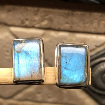 Natural Blue Labradorite 925 Solid Sterling Silver Earrings 14mm