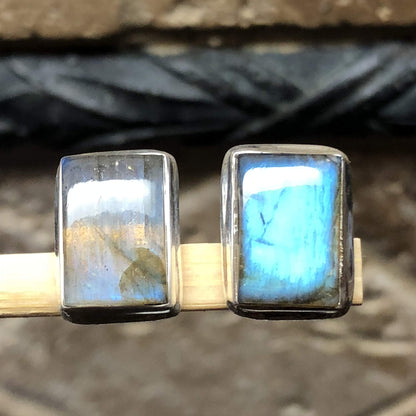 Natural Blue Labradorite 925 Solid Sterling Silver Earrings 14mm