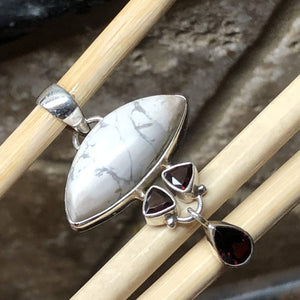 Natural White Howlite, Pyrope Garnet 925 Solid Sterling Silver Pendant 45mm