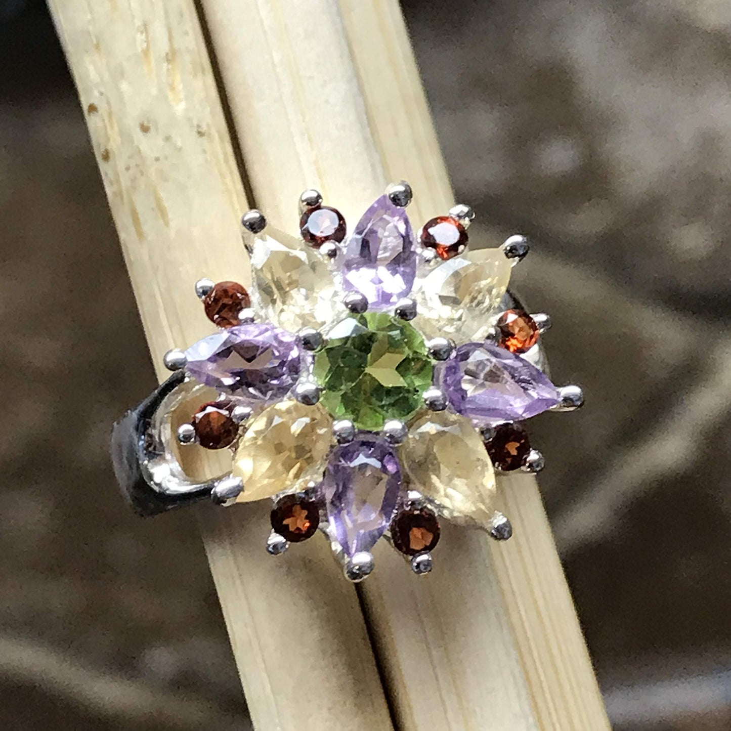 Natural 2ct Amethyst, Peridot, Garnet, Citrine 925 Solid Sterling Silver Wedding Ring Size 6.75 - Natural Rocks by Kala