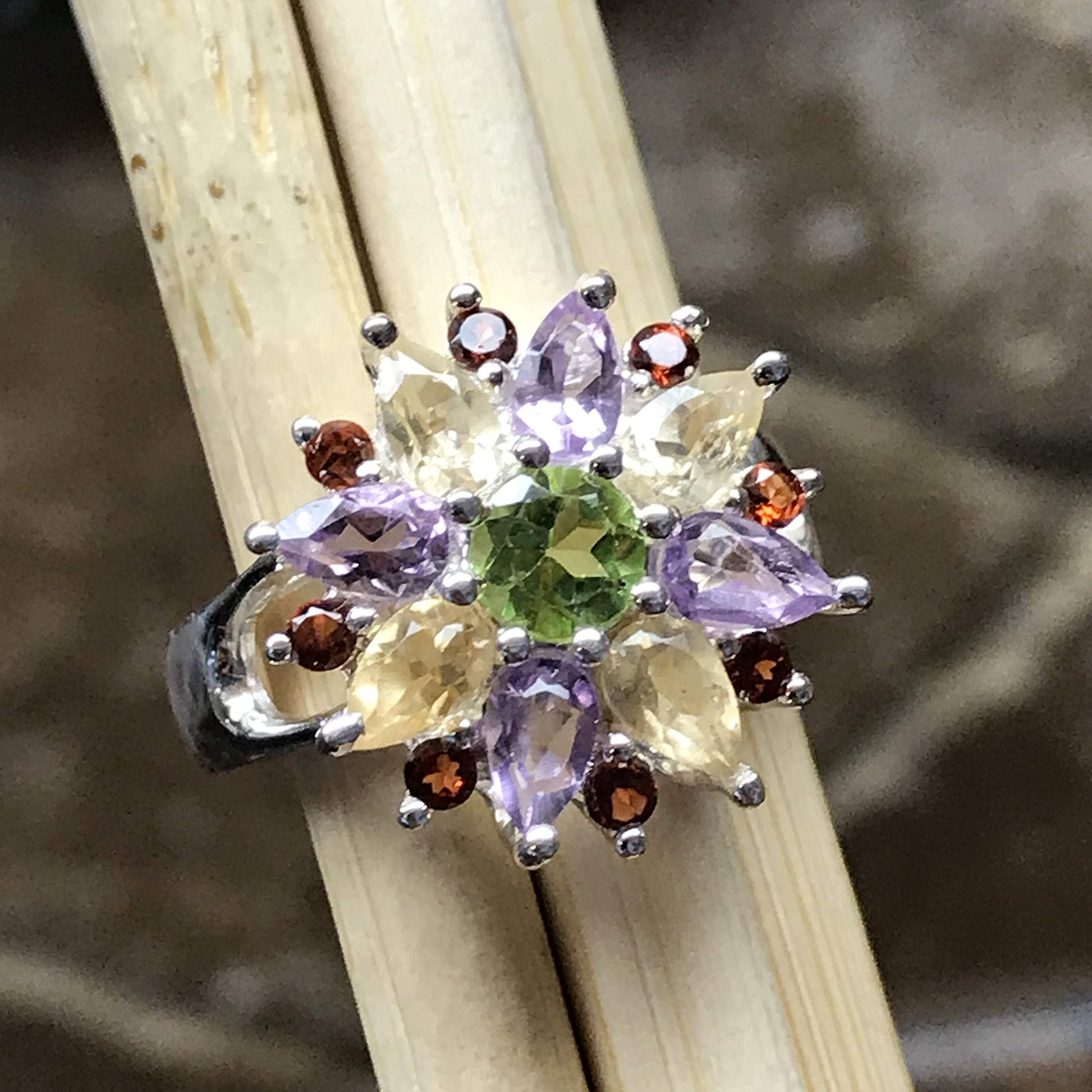 Natural 2ct Amethyst, Peridot, Garnet, Citrine 925 Solid Sterling Silver Wedding Ring Size 6.75 - Natural Rocks by Kala