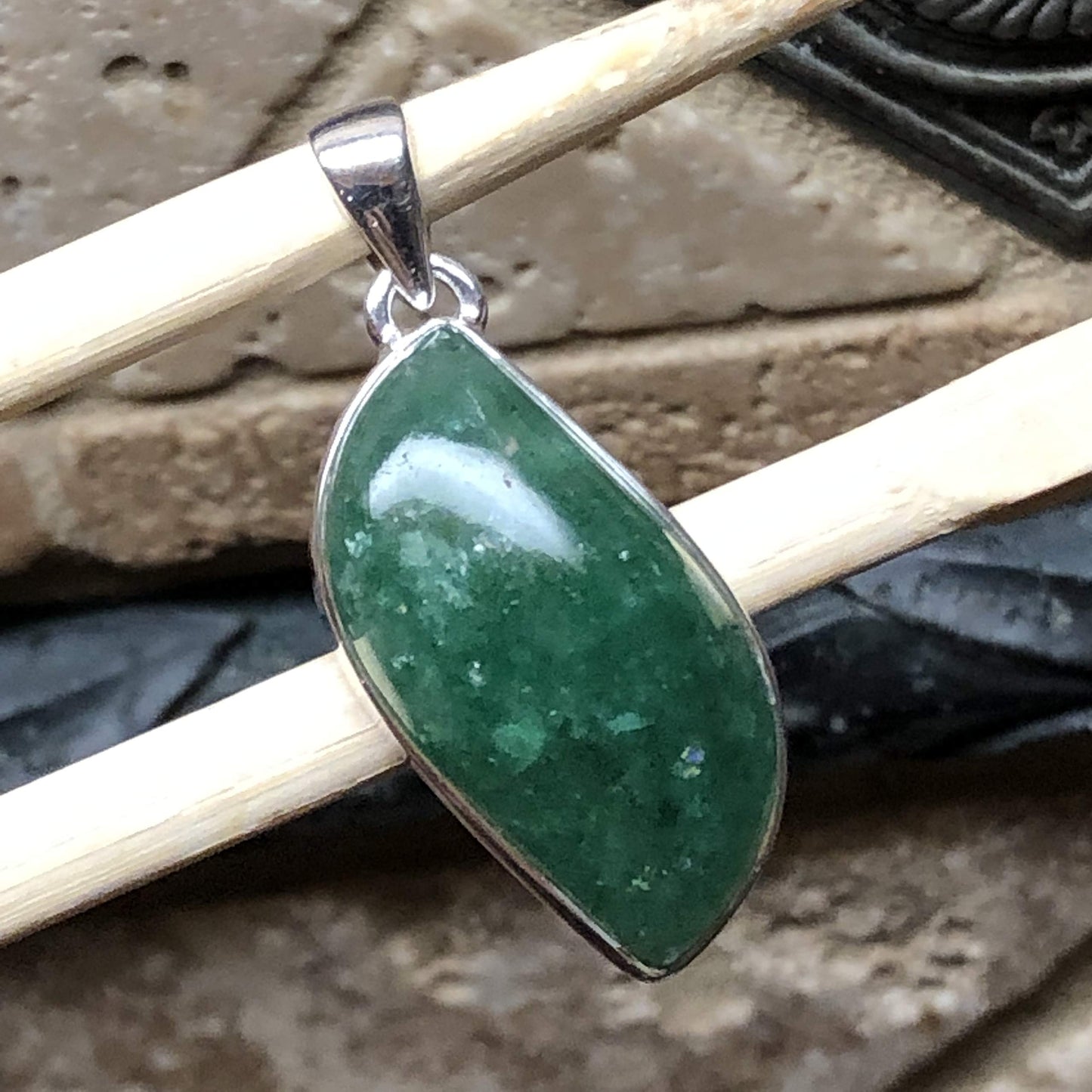 Natural Green Aventurine Jade 925 Solid Sterling Silver Pendant 40mm