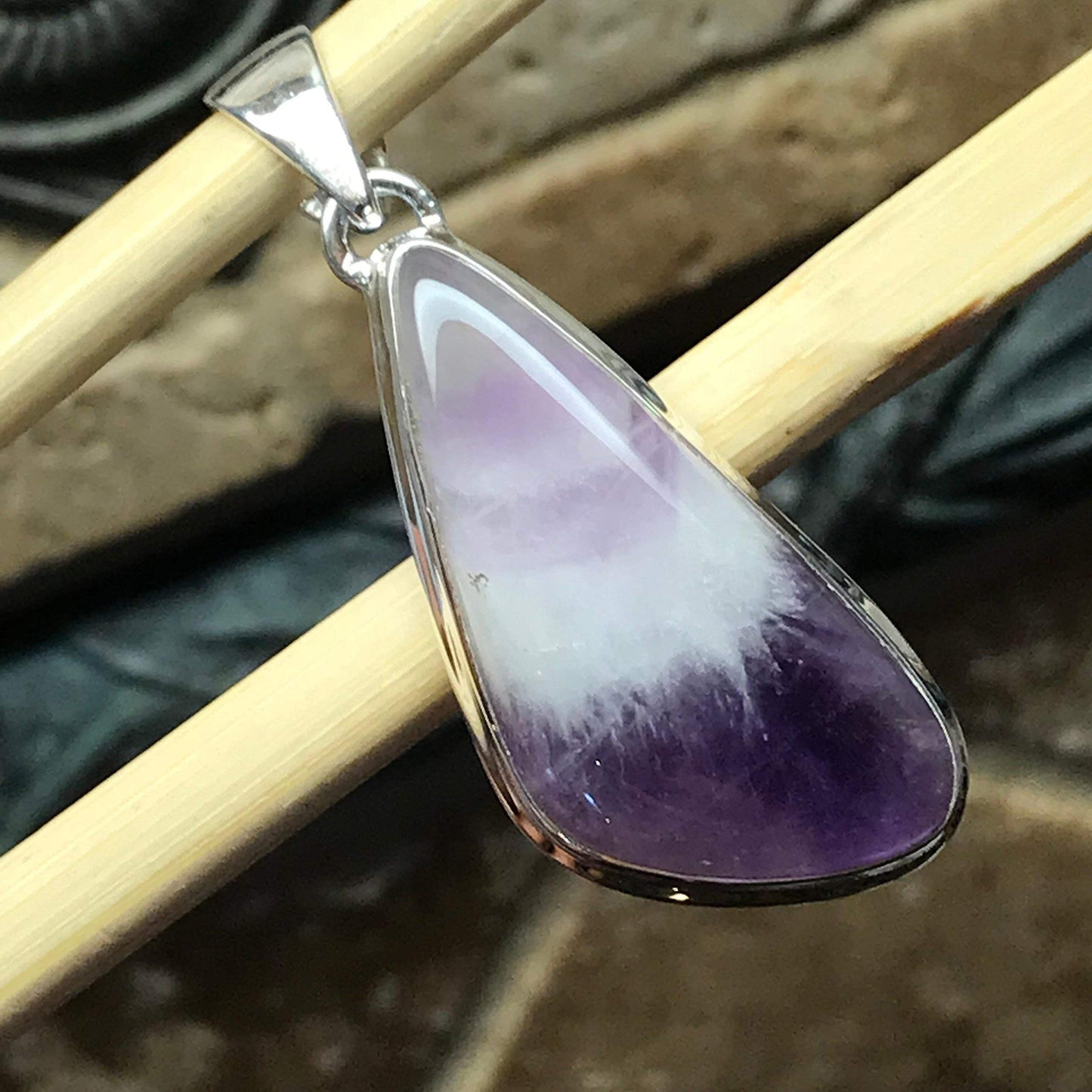 Genuine Amethyst Lace Agate 925 Solid Sterling Silver Pendant 40mm