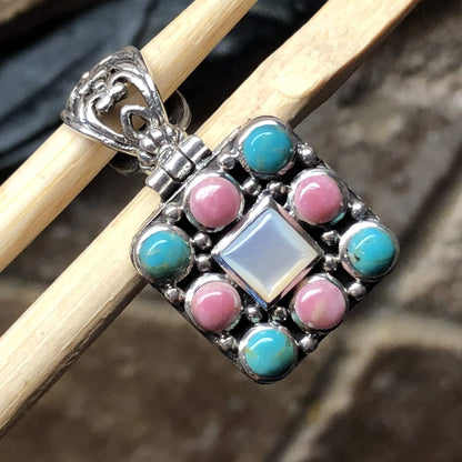 Natural Pink Rhodocrosite, Mexican Turquoise, Mother of Pearl 925 Sterling Silver Pendant 34mm