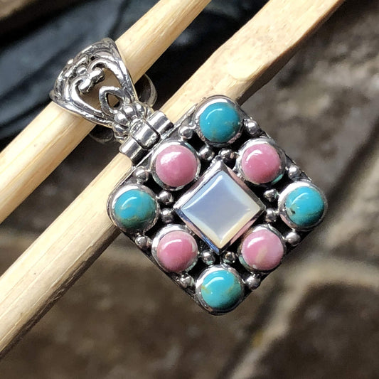 Natural Pink Rhodocrosite, Mexican Turquoise, Mother of Pearl 925 Sterling Silver Pendant 34mm