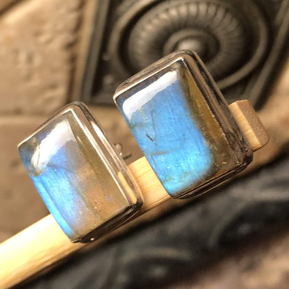 Natural Blue Labradorite 925 Solid Sterling Silver Earrings 14mm